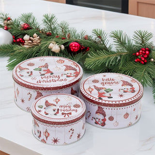 Set of 3 Christmas Gonk Storage Tins | 3 - piece Gnome Round Kitchen Nesting Tins