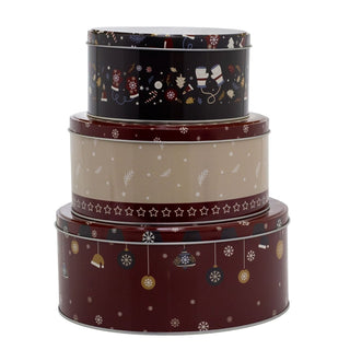 Set of 3 Christmas Storage Tins | 3 - piece Festive Round Kitchen Nesting Tins