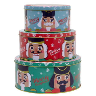 Set of 3 Christmas Storage Tins | 3 - piece Nutcracker Round Kitchen Nesting Tins