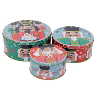 Set of 3 Christmas Storage Tins | 3 - piece Nutcracker Round Kitchen Nesting Tins
