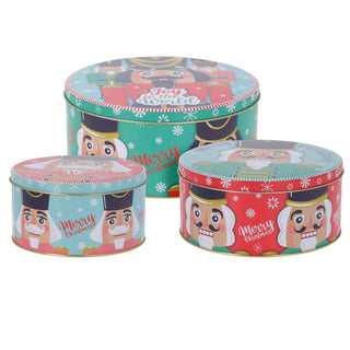 Set of 3 Christmas Storage Tins | 3 - piece Nutcracker Round Kitchen Nesting Tins