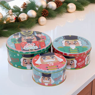 Set of 3 Christmas Storage Tins | 3 - piece Nutcracker Round Kitchen Nesting Tins
