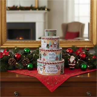 Set of 3 Christmas Storage Tins | 3 - piece Triple Festive Round Nesting Tins