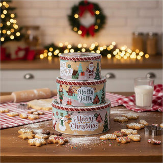 Set of 3 Christmas Storage Tins | 3 - piece Triple Festive Round Nesting Tins