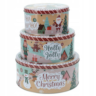 Set of 3 Christmas Storage Tins | 3 - piece Triple Festive Round Nesting Tins
