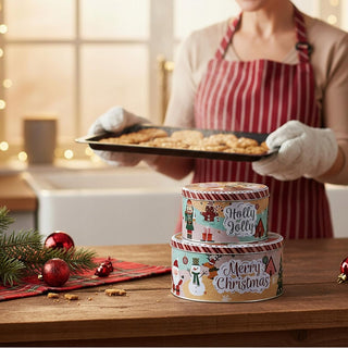 Set of 3 Christmas Storage Tins | 3 - piece Triple Festive Round Nesting Tins