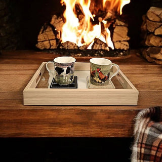 Set of 3 Cream Linen Style Serving Trays Glass Bottom Wooden Trays with Handles