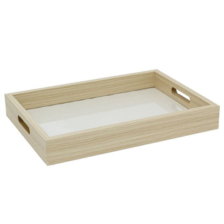 Set of 3 Cream Linen Style Serving Trays Glass Bottom Wooden Trays with Handles