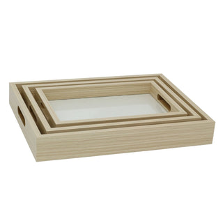 Set of 3 Cream Linen Style Serving Trays Glass Bottom Wooden Trays with Handles
