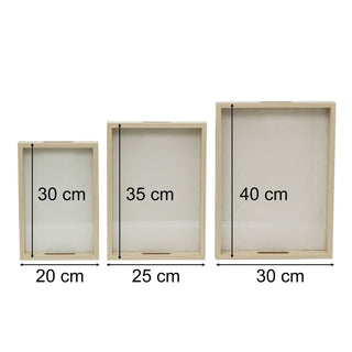 Set of 3 Cream Linen Style Serving Trays Glass Bottom Wooden Trays with Handles