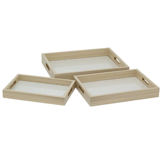 Set of 3 Cream Linen Style Serving Trays Glass Bottom Wooden Trays with Handles