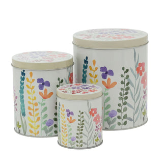 Set of 3 Decorative Floral Storage Tins | Round Nesting Kitchen Tin Canisters