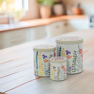 Set of 3 Decorative Floral Storage Tins | Round Nesting Kitchen Tin Canisters