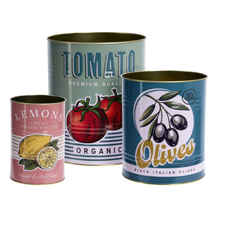 Set of 3 Decorative Retro Storage Tins | Tomato, Olive and Lemon Food Cans