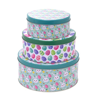Set of 3 Easter Nesting Tins | 3 - piece Bunny & Easter Egg Round Storage Tins
