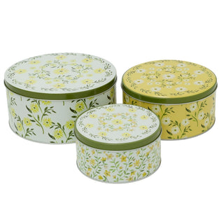 Set of 3 Floral Nesting Tins, Round Metal Kitchen Storage Tins with Lids