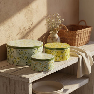 Set of 3 Floral Nesting Tins, Round Metal Kitchen Storage Tins with Lids