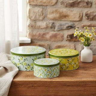 Set of 3 Floral Nesting Tins, Round Metal Kitchen Storage Tins with Lids