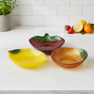 Set of 3 Fruit Shaped Glass Bowls, Lemon Orange Strawberry Snack Nibbles Dishes