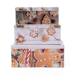 Set of 3 Gingerbread Christmas Storage Tins | Festive Rectangle Nesting Tins