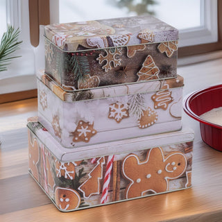 Set of 3 Gingerbread Christmas Storage Tins | Festive Rectangle Nesting Tins