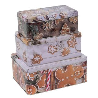 Set of 3 Gingerbread Christmas Storage Tins | Festive Rectangle Nesting Tins