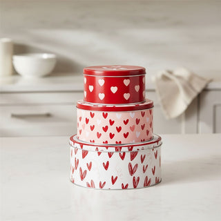 Set of 3 Heart Nesting Tins, Round Valentine Stacking Kitchen Storage Tins