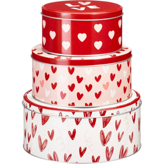 Set of 3 Heart Nesting Tins, Round Valentine Stacking Kitchen Storage Tins