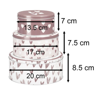 Set of 3 Heart Nesting Tins, Round Valentine Stacking Kitchen Storage Tins