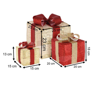 Set Of 3 LED Light Up Christmas Present Boxes | 3 Piece Red & Gold Light Up Xmas LED Gift Boxes | LED Christmas Parcels Christmas Decorations