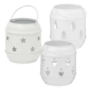 Set of 3 Metal Tealight Lanterns, White Moroccan Style with Cut-Out Designs