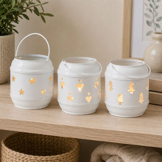 Set of 3 Metal Tealight Lanterns, White Moroccan Style with Cut-Out Designs