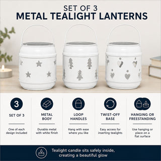 Set of 3 Metal Tealight Lanterns, White Moroccan Style with Cut-Out Designs