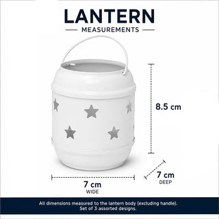 Set of 3 Metal Tealight Lanterns, White Moroccan Style with Cut-Out Designs