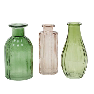 Set of 3 Mini Boho Glass Vases | Green & Pink Bud Vases for Home Styling