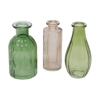 Set of 3 Mini Boho Glass Vases | Green & Pink Bud Vases for Home Styling