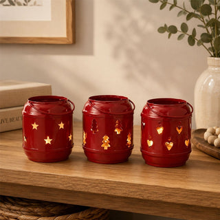 Set of 3 Red Metal Tealight Candle Hanging Lanterns, Moroccan Style Cut-Out