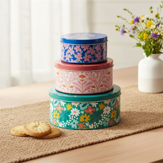 Set of 3 Retro Floral Storage Tins with Lids, 3 - piece Nesting Kitchen Tins