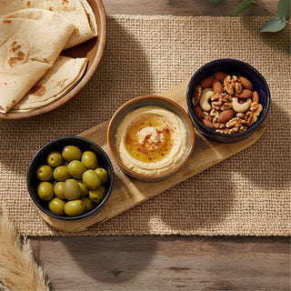 Set of 3 Round Ceramic Snack Bowls with Acacia Wood Serving Tray - 28cm