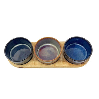 Set of 3 Round Ceramic Snack Bowls with Acacia Wood Serving Tray - 28cm