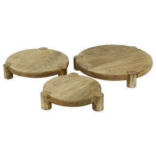 Set of 3 Round Mango Wood Serving Platters, Raised Serving Boards