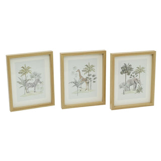 Set of 3 Safari Animal Wall Art Prints, Jungle Photo Frames Light Wood Frames