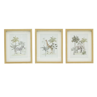 Set of 3 Safari Animal Wall Art Prints, Jungle Photo Frames Light Wood Frames