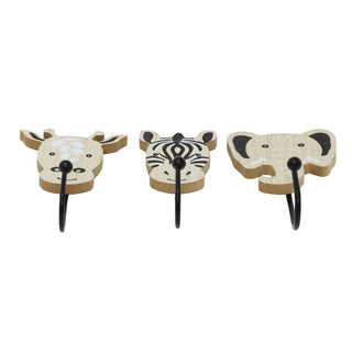 Set of 3 Safari Animal Wooden Wall Hooks, Kids Jungle Animal Coat Hook Pegs