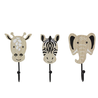 Set of 3 Safari Animal Wooden Wall Hooks, Kids Jungle Animal Coat Hook Pegs
