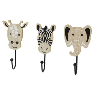 Set of 3 Safari Animal Wooden Wall Hooks, Kids Jungle Animal Coat Hook Pegs