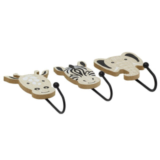 Set of 3 Safari Animal Wooden Wall Hooks, Kids Jungle Animal Coat Hook Pegs