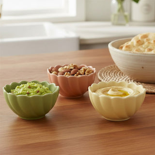 Set of 3 Scalloped Ceramic Bowls, 9.5x5cm Small Dip Snack Bowls Tapas Dishes