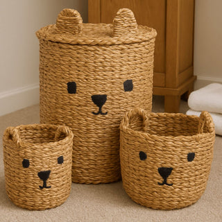 Set of 3 Seagrass Teddy Bear Baskets | Cute & Practical Toy Storage for Kids