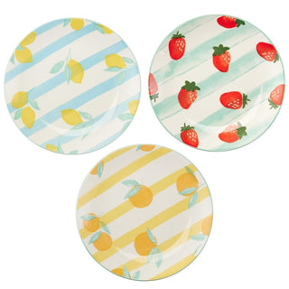 Set of 3 Side Plates, 19.5cm Ceramic Plates Summer Fruit Design for Picnic, BBQ